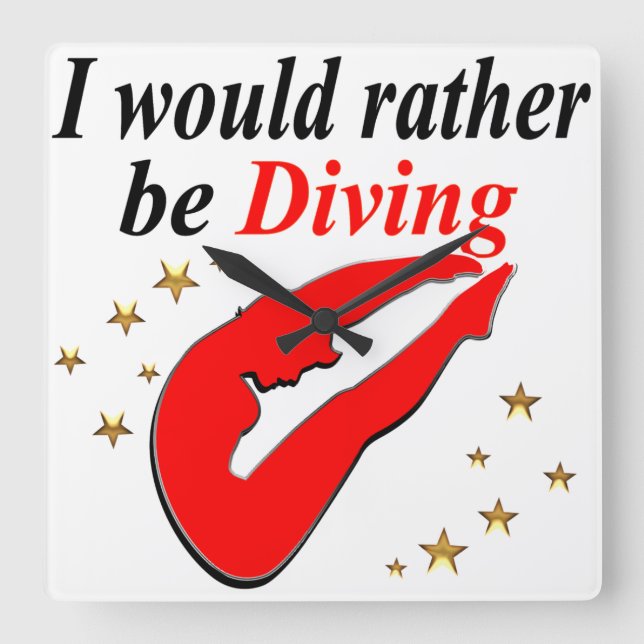RED I WOULD RATHER BE DIVING INSPIRATIONAL DESIGN SQUARE WALL CLOCK (Front)