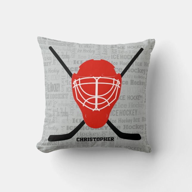 Red Ice Hockey Helmet and Sticks Typography Cushion (Front)