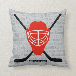 Red Ice Hockey Helmet and Sticks Typography Cushion
