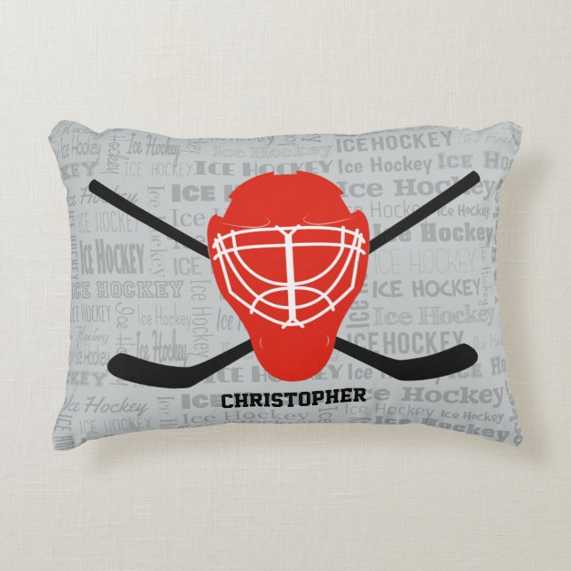 Red Ice Hockey Helmet and Sticks Typography Decorative Cushion (Front)