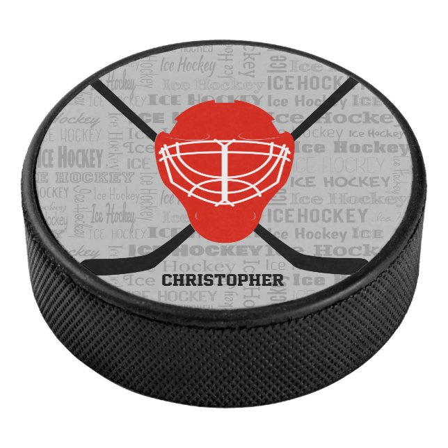 Red Ice Hockey Helmet and Sticks Typography Hockey Puck (3/4)