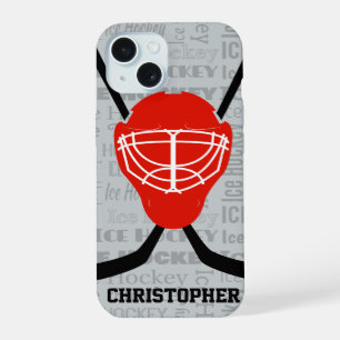 Red Ice Hockey Helmet and Sticks Typography iPhone 15 Case