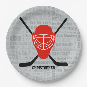 Red Ice Hockey Helmet and Sticks Typography Paper Plate