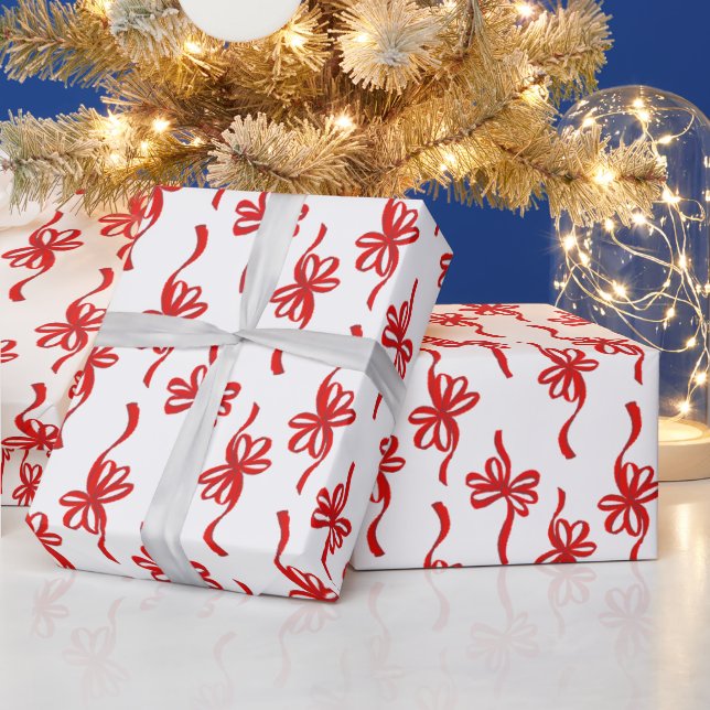 Red Illustrated Loopy Bow Stripe Christmas Pattern Wrapping Paper (Holidays)