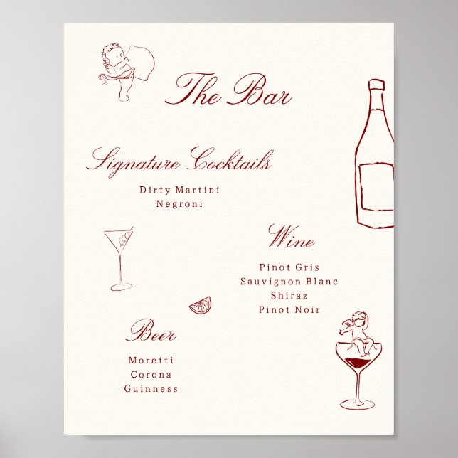 Red Illustrated Whimsical Wedding Bar Menu Poster (Front)