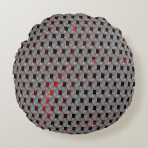 Red image under grey plates, rectangular shapes round cushion