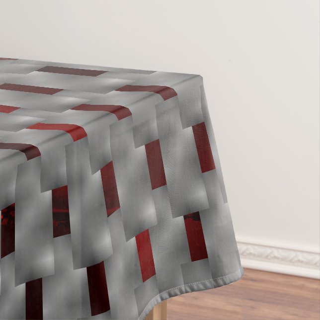 Red image under grey plates, rectangular shapes tablecloth (In Situ)