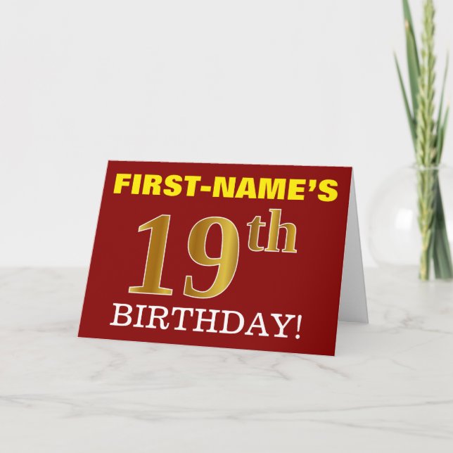 Red, Imitation Gold "19th BIRTHDAY" Birthday Card (Front)