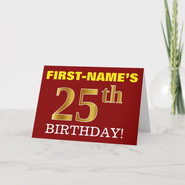Red, Imitation Gold "25th BIRTHDAY" Birthday Card (Front)
