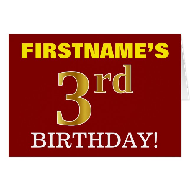 Red, Imitation Gold "3rd BIRTHDAY" Birthday Card (Front Horizontal)