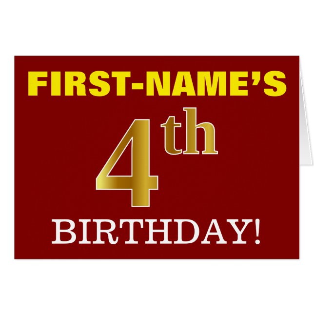 Red, Imitation Gold "4th BIRTHDAY" Birthday Card (Front Horizontal)