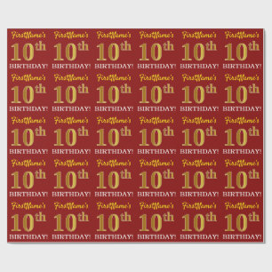 Red, Imitation Gold Look "10th BIRTHDAY" Wrapping Paper