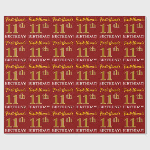 Red, Imitation Gold Look "11th BIRTHDAY" Wrapping Paper