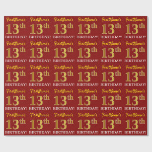 Red, Imitation Gold Look "13th BIRTHDAY" Wrapping Paper