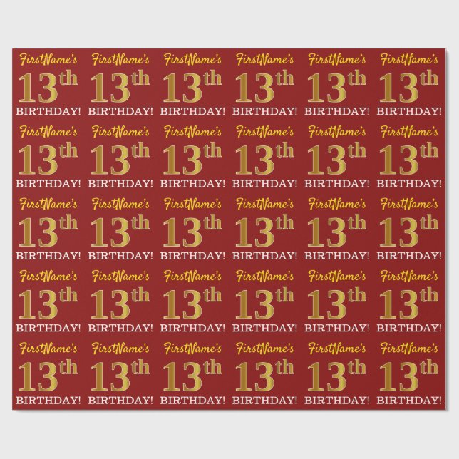 Red, Imitation Gold Look "13th BIRTHDAY" Wrapping Paper (Flat)