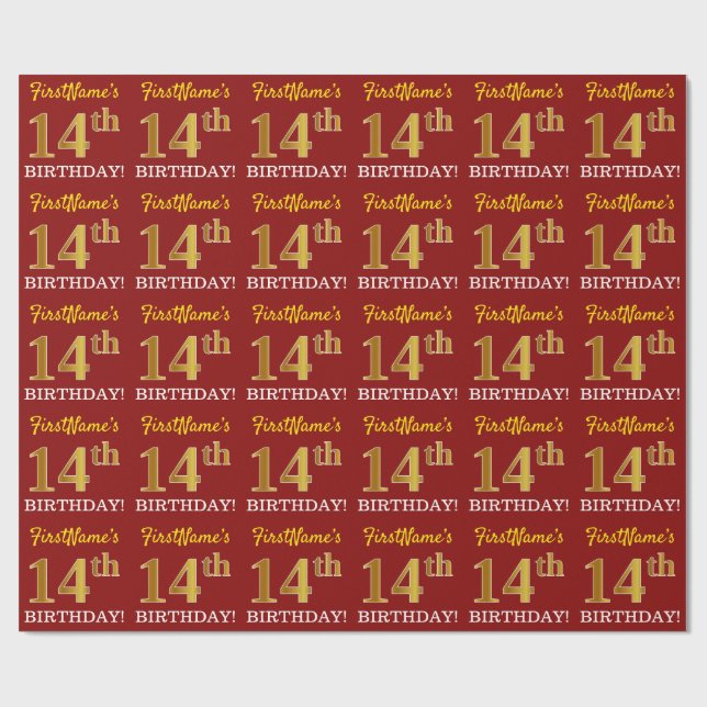 Red, Imitation Gold Look "14th BIRTHDAY" Wrapping Paper (Flat)