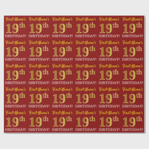 Red, Imitation Gold Look "19th BIRTHDAY" Wrapping Paper