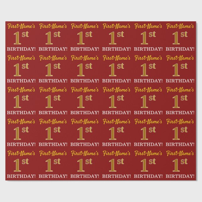 Red, Imitation Gold Look "1st BIRTHDAY" Wrapping Paper (Flat)