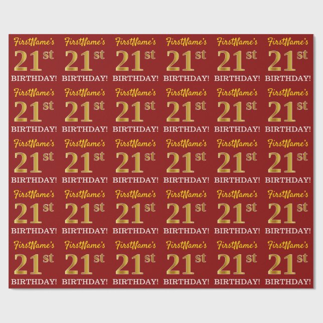 Red, Imitation Gold Look "21st BIRTHDAY" Wrapping Paper (Flat)