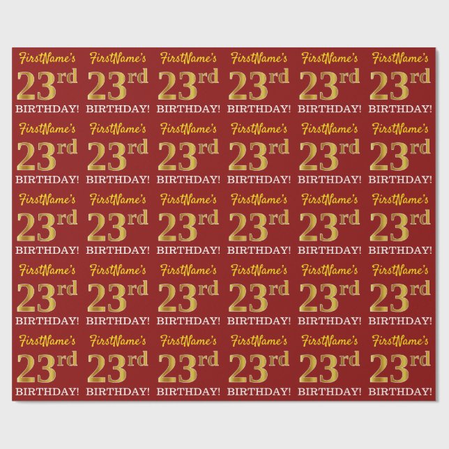 Red, Imitation Gold Look "23rd BIRTHDAY" Wrapping Paper (Flat)