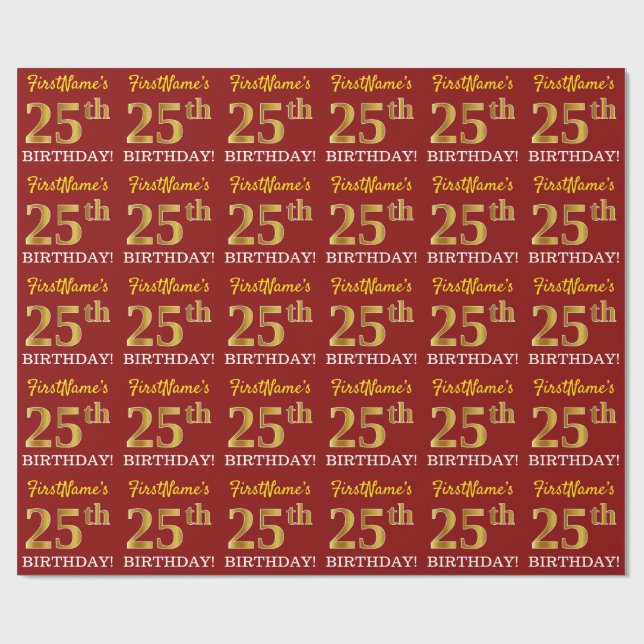 Red, Imitation Gold Look "25th BIRTHDAY" Wrapping Paper (Flat)