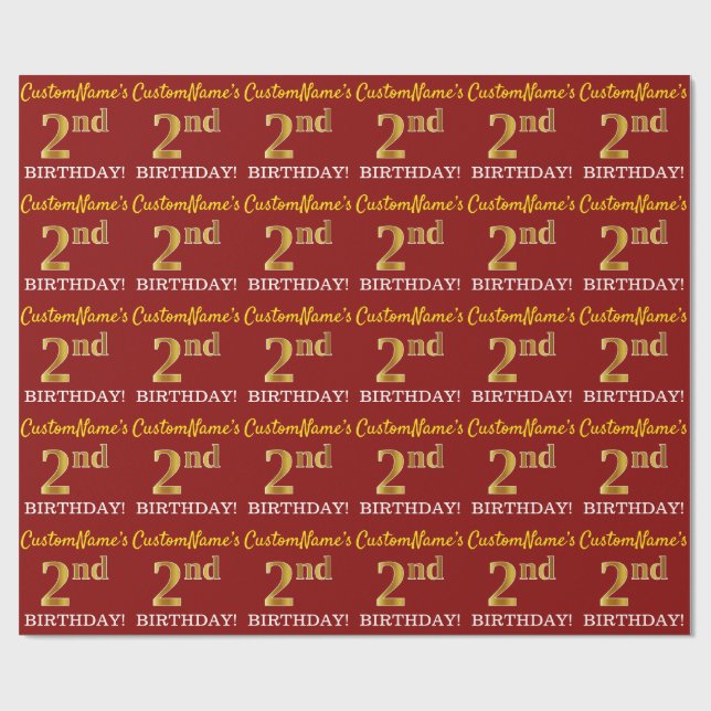 Red, Imitation Gold Look "2nd BIRTHDAY" Wrapping Paper (Flat)