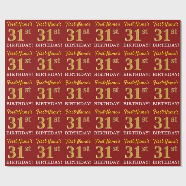 Red, Imitation Gold Look "31st BIRTHDAY" Wrapping Paper (Flat)