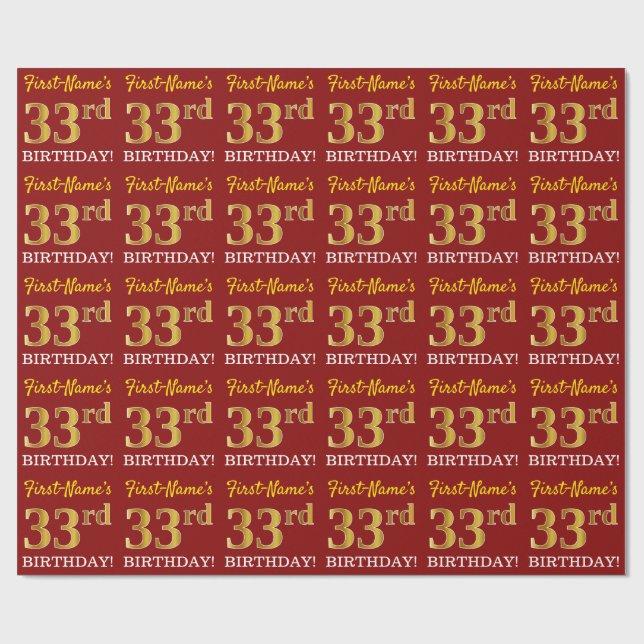 Red, Imitation Gold Look "33rd BIRTHDAY" Wrapping Paper (Flat)