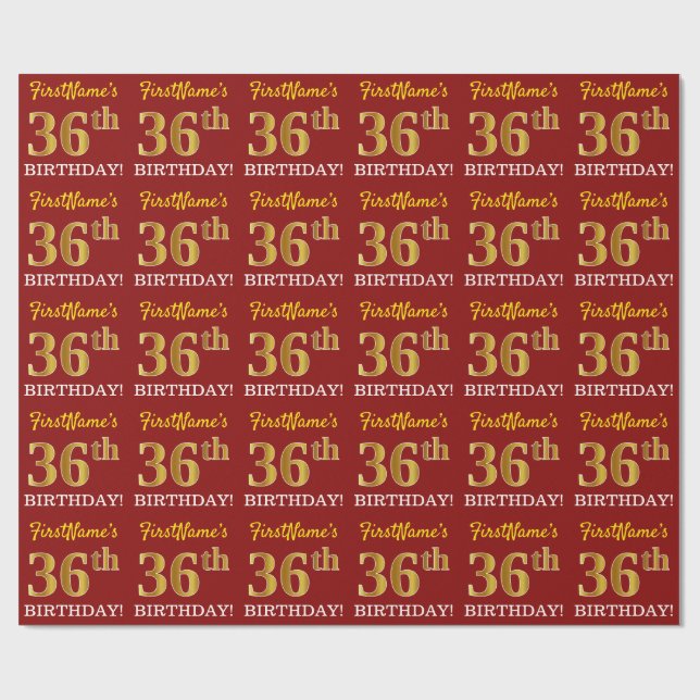 Red, Imitation Gold Look "36th BIRTHDAY" Wrapping Paper (Flat)