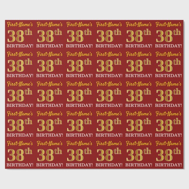 Red, Imitation Gold Look "38th BIRTHDAY" Wrapping Paper (Flat)