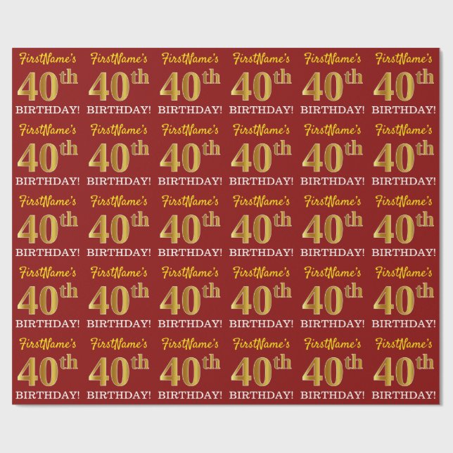 Red, Imitation Gold Look "40th BIRTHDAY" Wrapping Paper (Flat)
