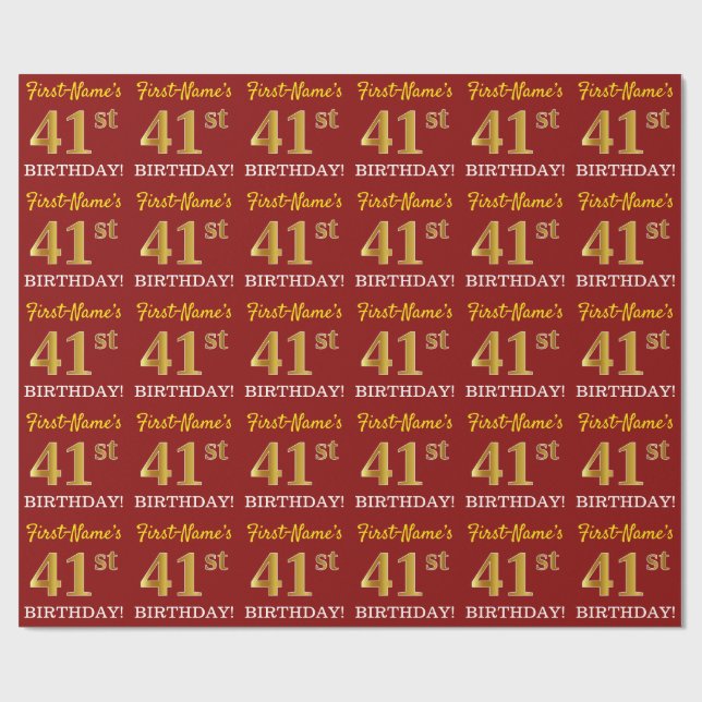 Red, Imitation Gold Look "41st BIRTHDAY" Wrapping Paper (Flat)