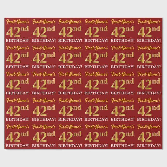 Red, Imitation Gold Look "42nd BIRTHDAY" Wrapping Paper (Flat)