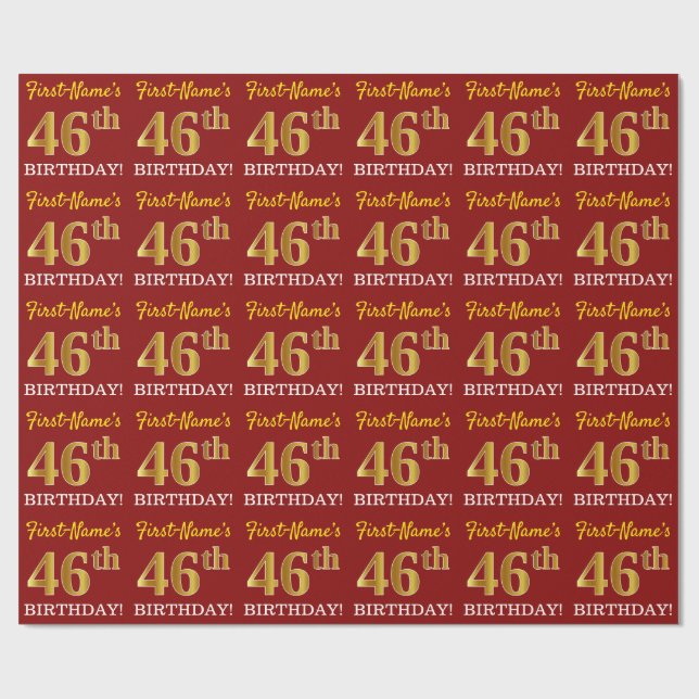 Red, Imitation Gold Look "46th BIRTHDAY" Wrapping Paper (Flat)