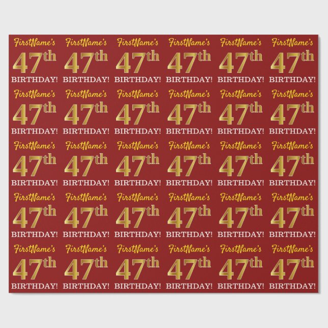 Red, Imitation Gold Look "47th BIRTHDAY" Wrapping Paper (Flat)