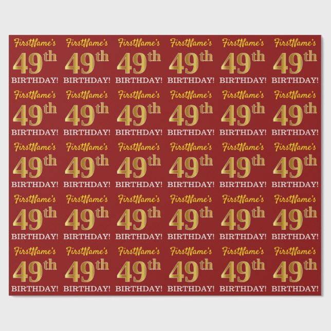 Red, Imitation Gold Look "49th BIRTHDAY" Wrapping Paper (Flat)