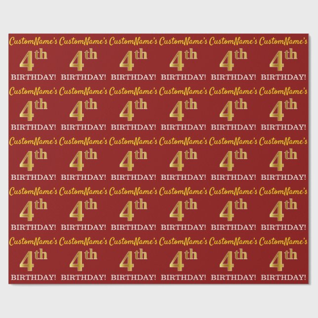 Red, Imitation Gold Look "4th BIRTHDAY" Wrapping Paper (Flat)