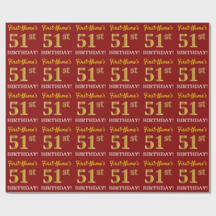 Red, Imitation Gold Look "51st BIRTHDAY" Wrapping Paper