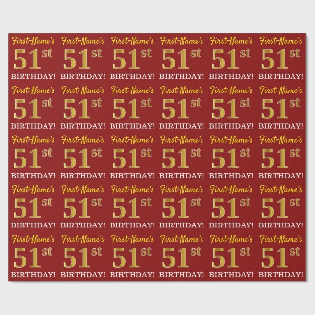 Red, Imitation Gold Look "51st BIRTHDAY" Wrapping Paper (Flat)