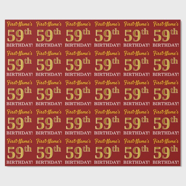 Red, Imitation Gold Look "59th BIRTHDAY" Wrapping Paper (Flat)