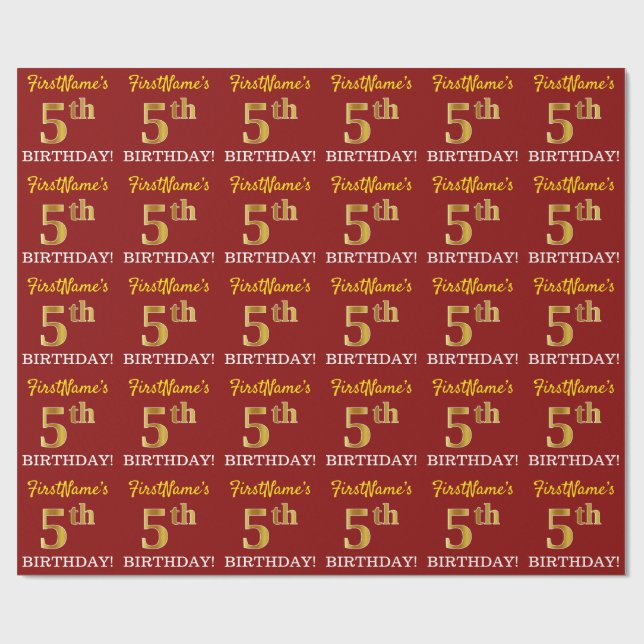 Red, Imitation Gold Look "5th BIRTHDAY" Wrapping Paper (Flat)