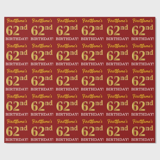 Red, Imitation Gold Look "62nd BIRTHDAY" Wrapping Paper (Flat)