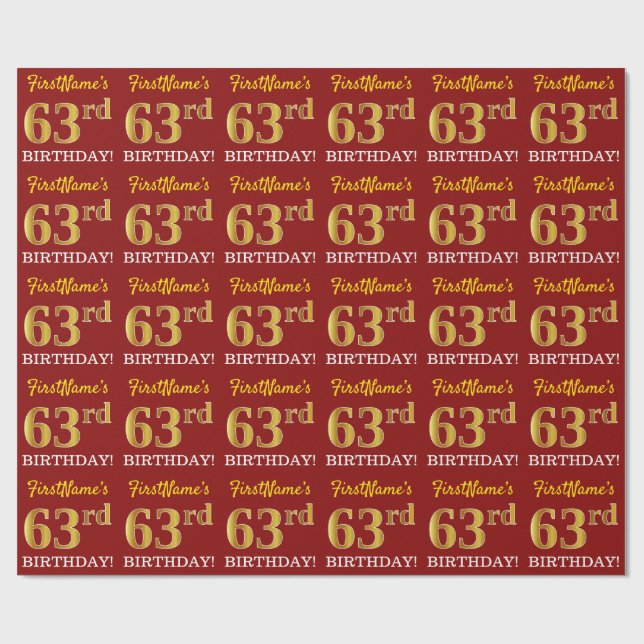 Red, Imitation Gold Look "63rd BIRTHDAY" Wrapping Paper (Flat)