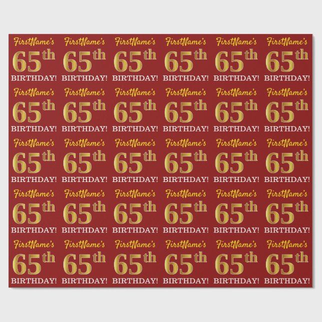 Red, Imitation Gold Look "65th BIRTHDAY" Wrapping Paper (Flat)
