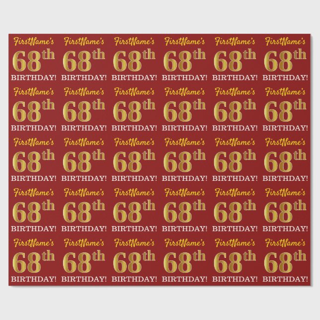 Red, Imitation Gold Look "68th BIRTHDAY" Wrapping Paper (Flat)