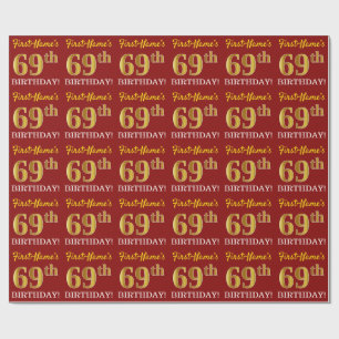 Red, Imitation Gold Look "69th BIRTHDAY" Wrapping Paper