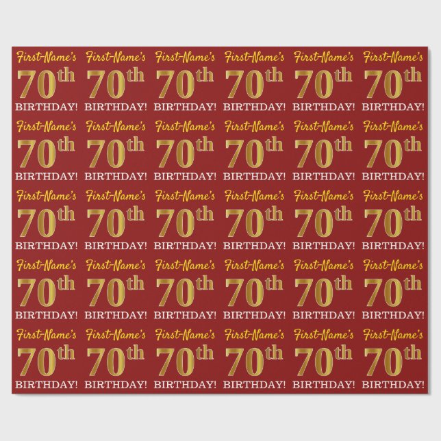 Red, Imitation Gold Look "70th BIRTHDAY" Wrapping Paper (Flat)