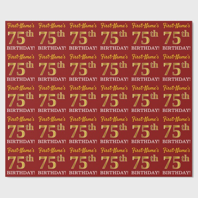 Red, Imitation Gold Look "75th BIRTHDAY" Wrapping Paper (Flat)