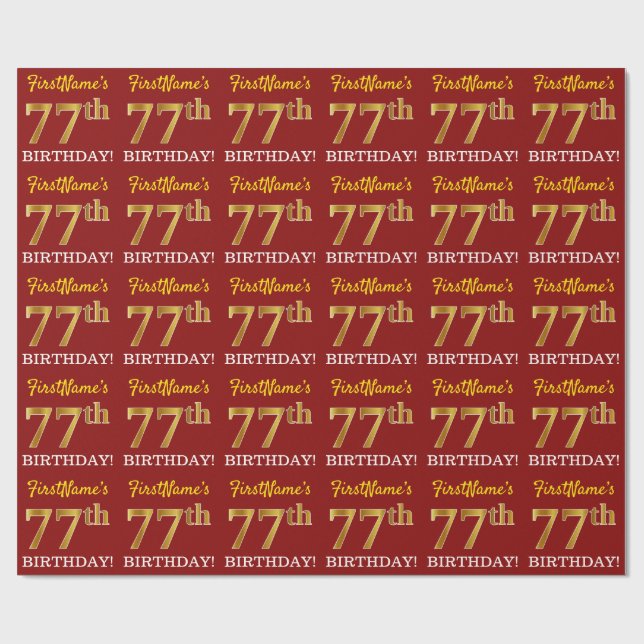 Red, Imitation Gold Look "77th BIRTHDAY" Wrapping Paper (Flat)