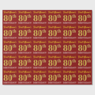 Red, Imitation Gold Look "80th BIRTHDAY" Wrapping Paper